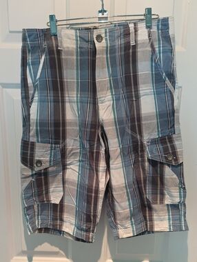 Helix Men's Blue, Gray & White Plaid Cargo Shorts, Lightweight & Soft